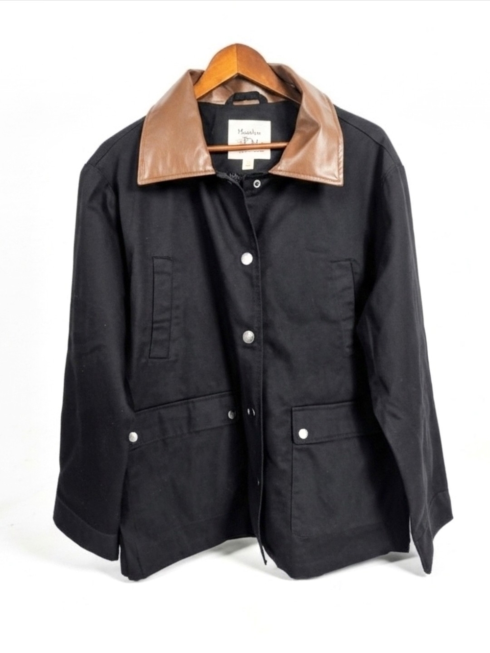 NWT Maralyn & Me Black Barn Coat w Brown Faux Leather Collar-Snap Close Size L